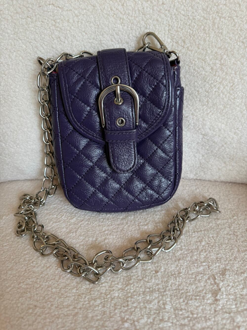 MAXX NEW YORK Leather Crossbody Bag Purple Diamond Quilted Silver Chain Strap